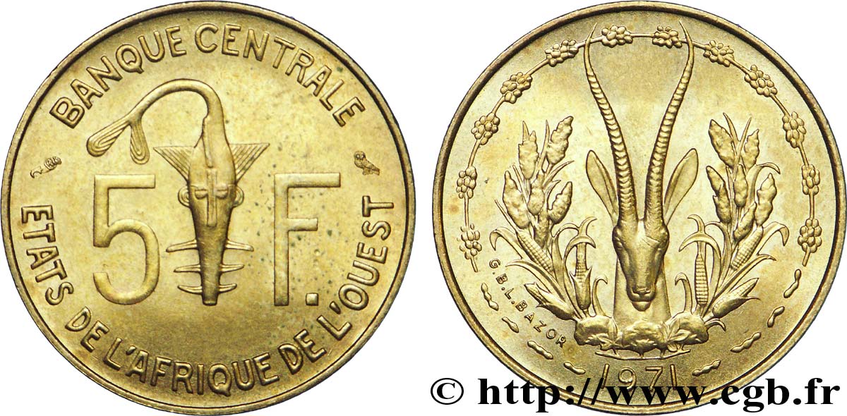 ÉTATS DE L AFRIQUE DE L OUEST (BCEAO) 5 Francs BCEAO masque / antilope 1971 Paris SPL 