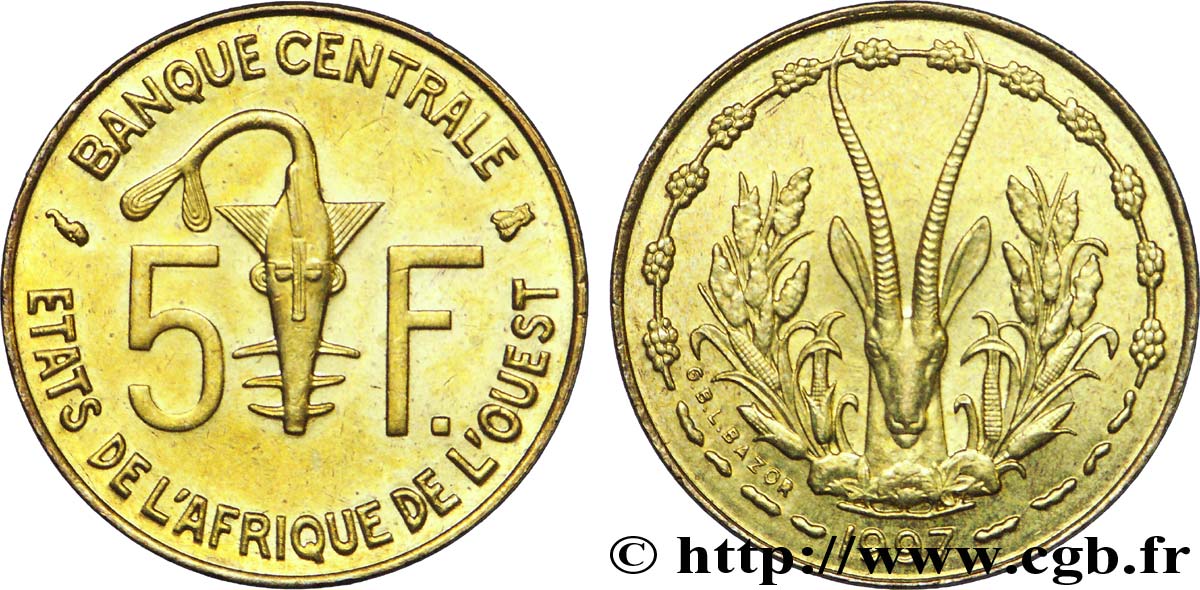 ÉTATS DE L AFRIQUE DE L OUEST (BCEAO) 5 Francs BCEAO masque / antilope 1997 Paris SPL 
