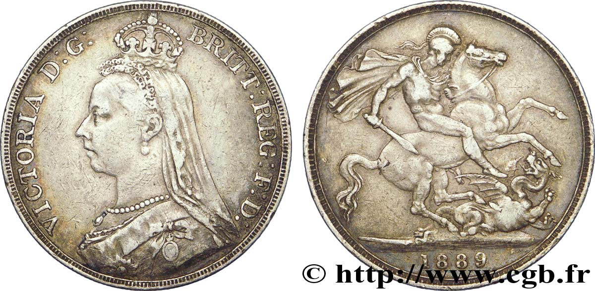 ROYAUME-UNI 1 Crown Victoria buste du jubilé / St Georges terrassant le dragon 1889  TTB 