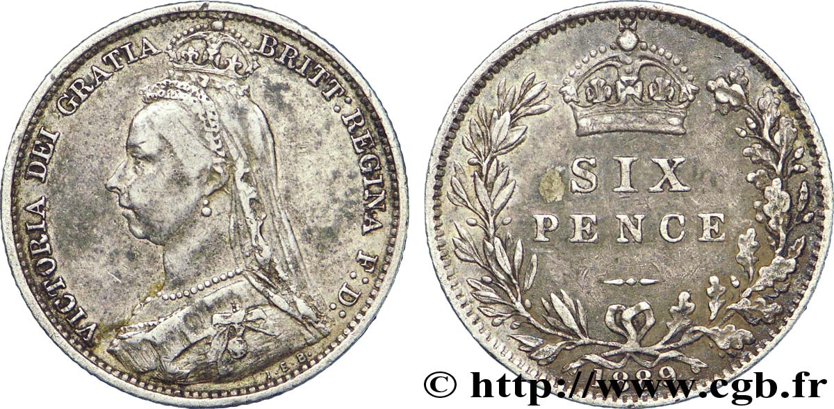 ROYAUME-UNI 6 Pence Victoria couronné / blason 1889  TTB 