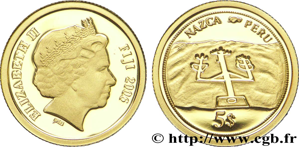 FIDJI 5 Dollars OR BE (proof)  Elisabeth II / Nazca au Pérou 2006  FDC 