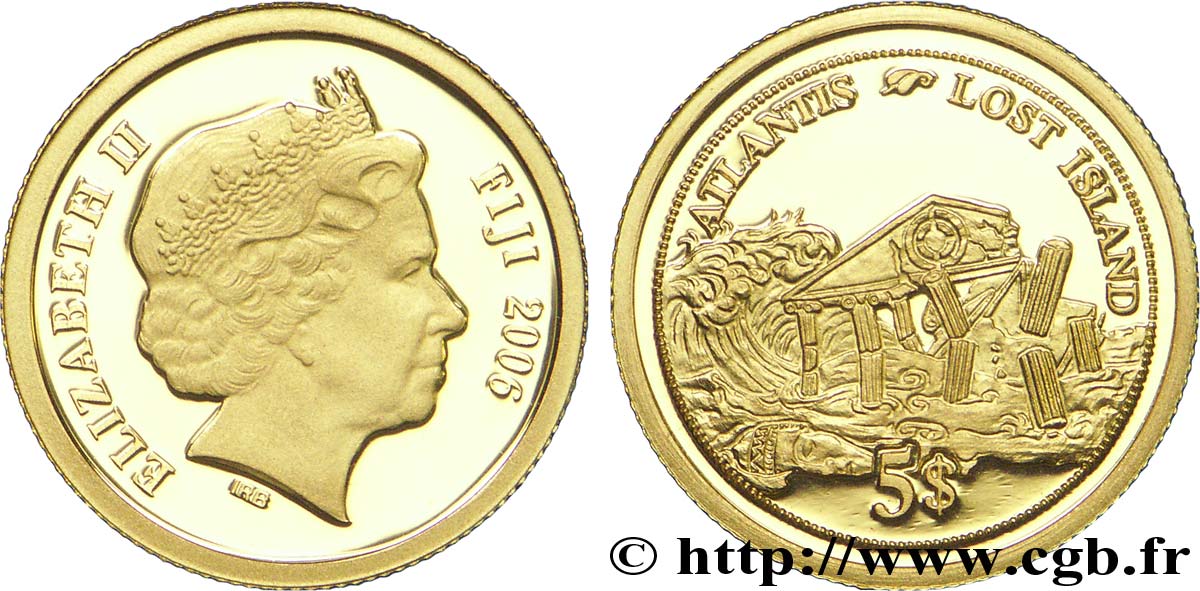 FIDJI 5 Dollars OR BE (proof)  Elisabeth II / L’Atlantide 2006  FDC 