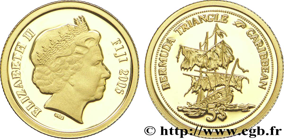 FIDJI 5 Dollars OR BE (proof)  Elisabeth II / Le triangle des Bermudes 2006  FDC 