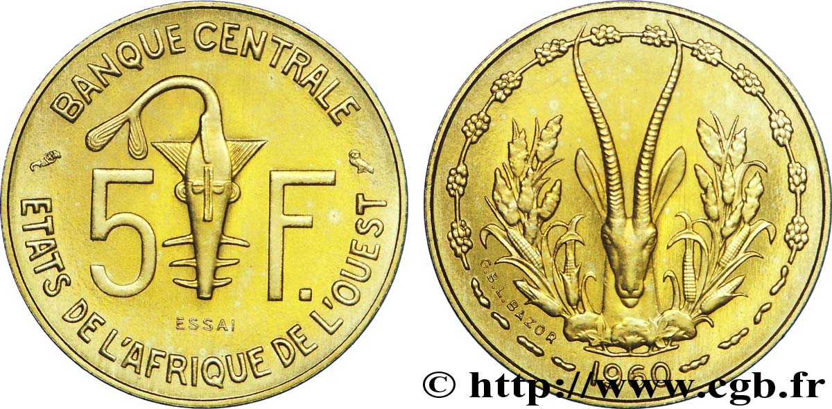 ÉTATS DE L AFRIQUE DE L OUEST (BCEAO) Essai 5 Francs masque / antilope 1960 Paris SPL 
