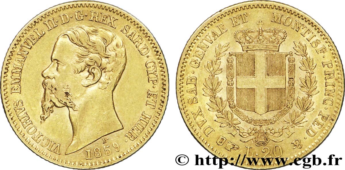 ITALIE - ROYAUME DE SARDAIGNE 20 Lire en or Victor Emmanuel II / emblème 1859 Turin TTB+ 