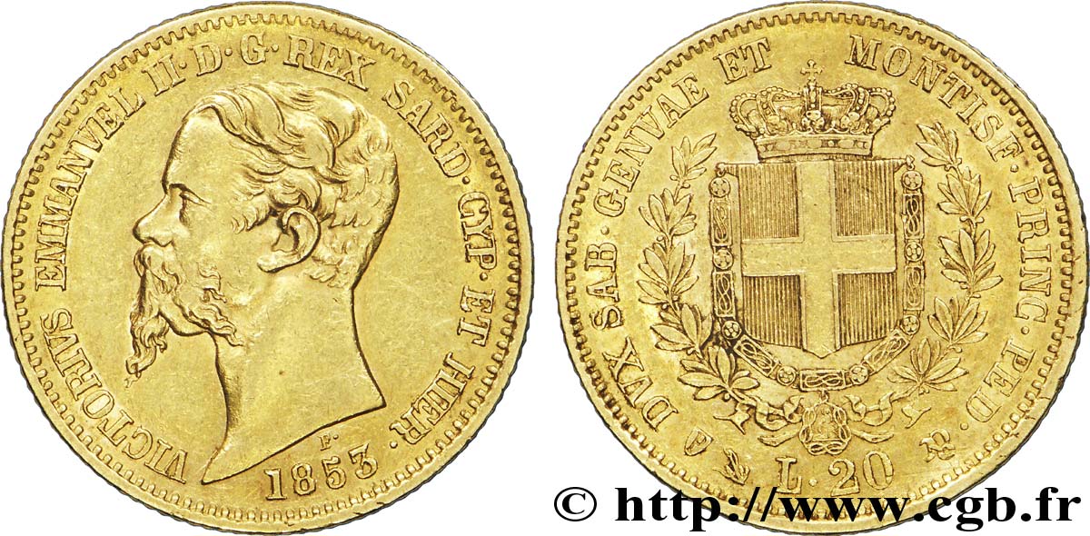 ITALIE - ROYAUME DE SARDAIGNE 20 Lire or Victor Emmanuel II / emblème 1853 Turin SUP 