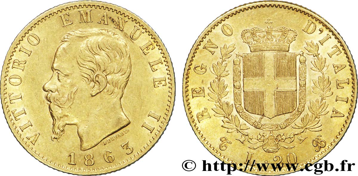 ITALIE 20 Lire Victor Emmanuel II  1863 Turin TTB+ 