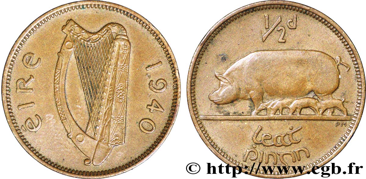 IRLANDE 1/2 Shilling harpe / cochons 1940  TTB+ 