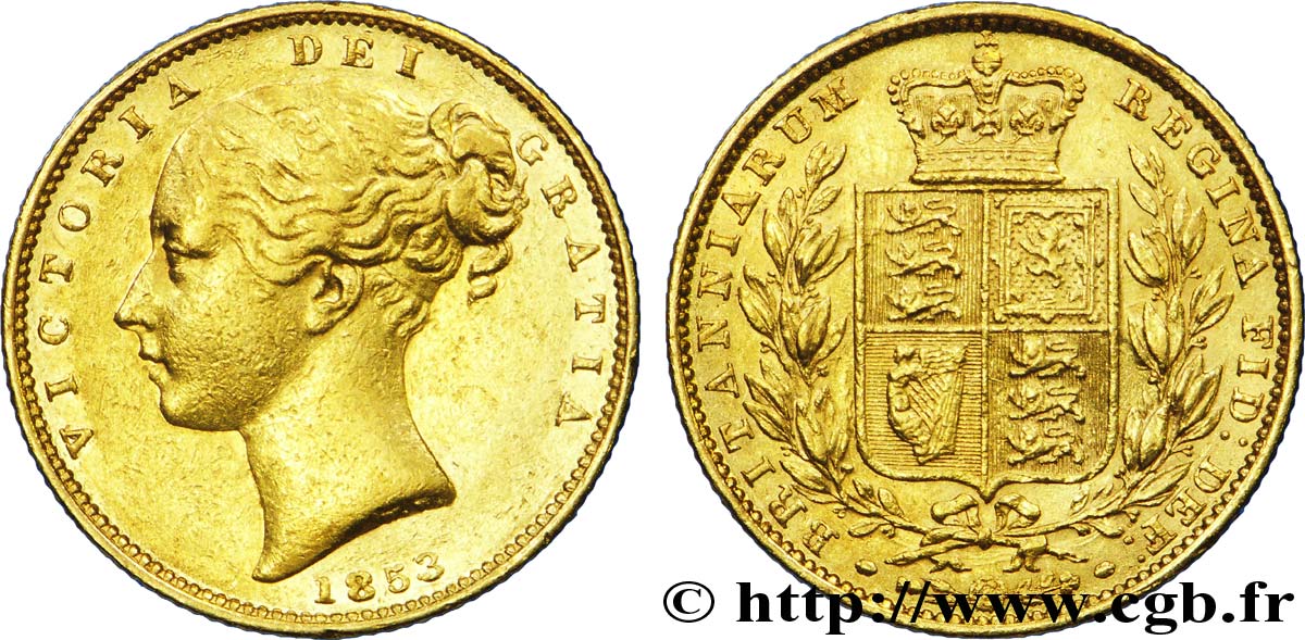 ROYAUME-UNI 1 Souverain Victoria buste jeune / blason variété à la signature “WW” en relief 1853 Londres TTB+ 