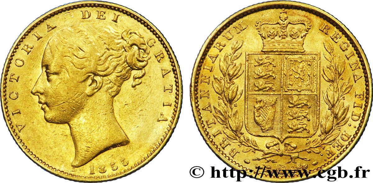 ROYAUME-UNI 1 Souverain Victoria buste jeune / blason variété à la signature “WW” en relief 1855 Londres TTB 