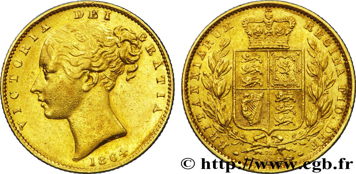 ROYAUME-UNI 1 Souverain Victoria buste jeune / blason variété avec numéro de coin, coin n°78 1864 Londres TTB 