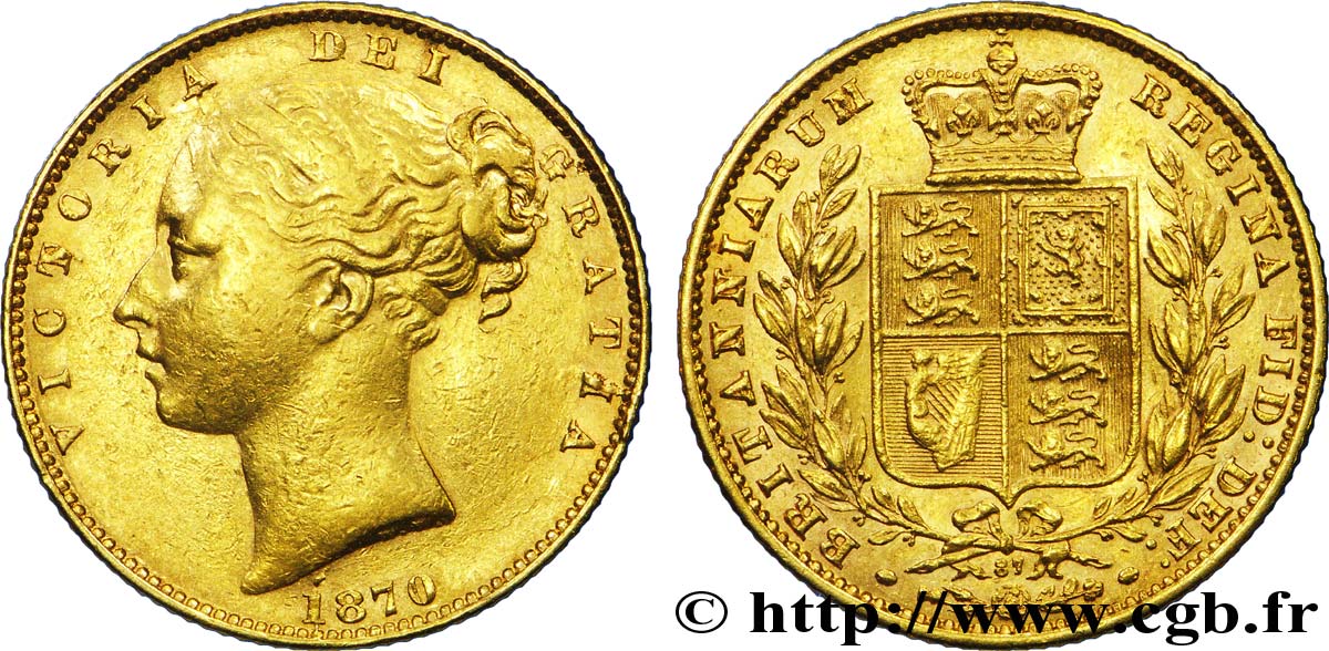 ROYAUME-UNI 1 Souverain Victoria buste jeune / blason variété avec numéro de coin, coin n°87 1870 Londres TTB 