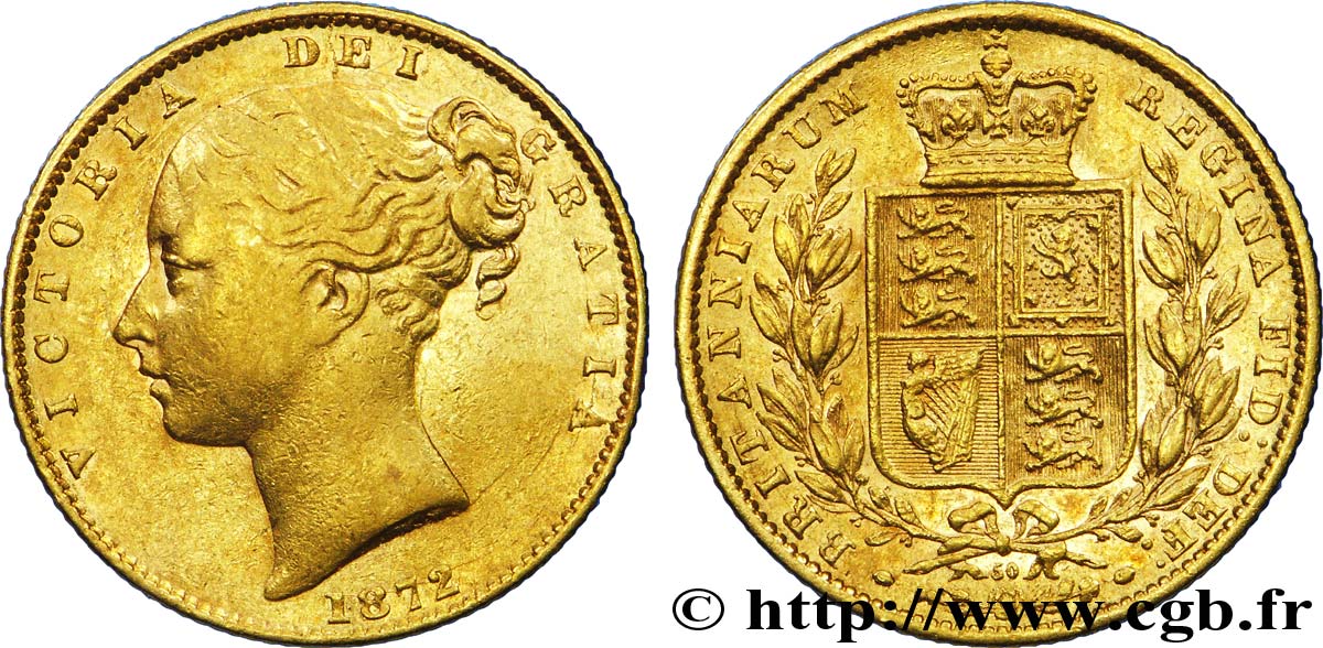 ROYAUME-UNI 1 Souverain Victoria buste jeune / blason variété avec numéro de coin, coin n°60 1872 Londres TTB 
