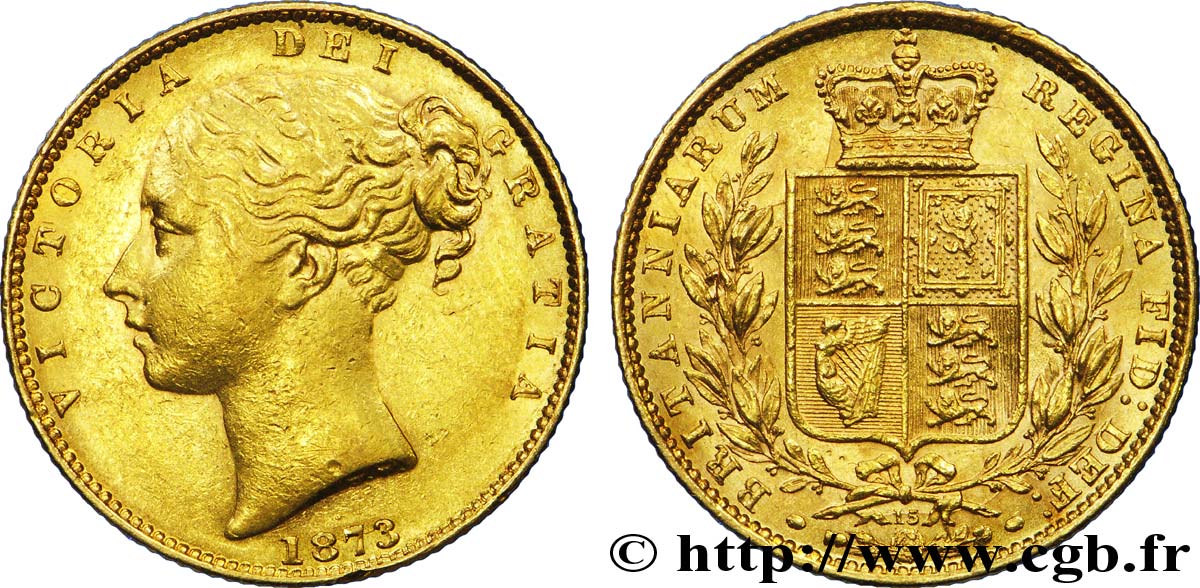 ROYAUME-UNI 1 Souverain Victoria buste jeune / blason variété avec numéro de coin, coin n°15 1873 Londres TTB+ 
