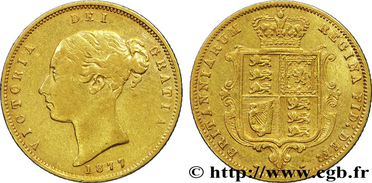 ROYAUME-UNI 1/2 Souverain Victoria buste jeune / blason type avec coin numéroté : coin n°18 1877 Londres TB+ 