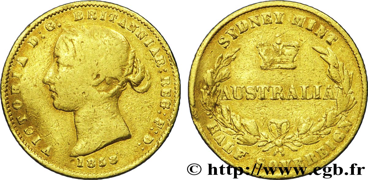 AUSTRALIE Demi-souverain Victoria tête laurée / couronne entre deux branches d’olivier 1858 Sydney TB 