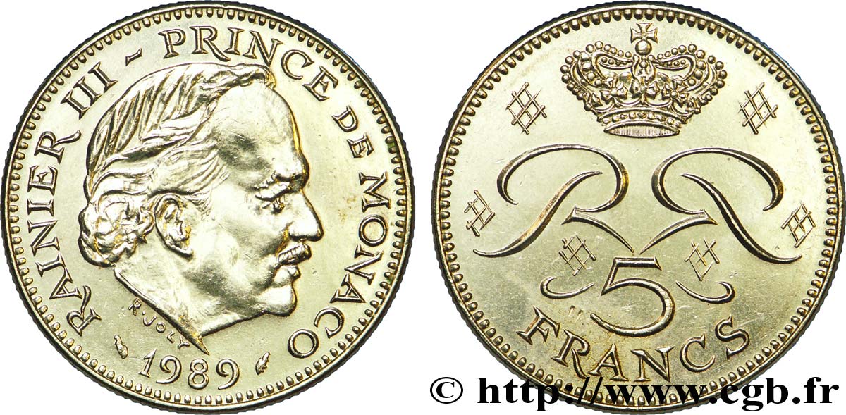 MONACO 5 Francs Rainier III / monogramme couronné 1989 Paris SUP 