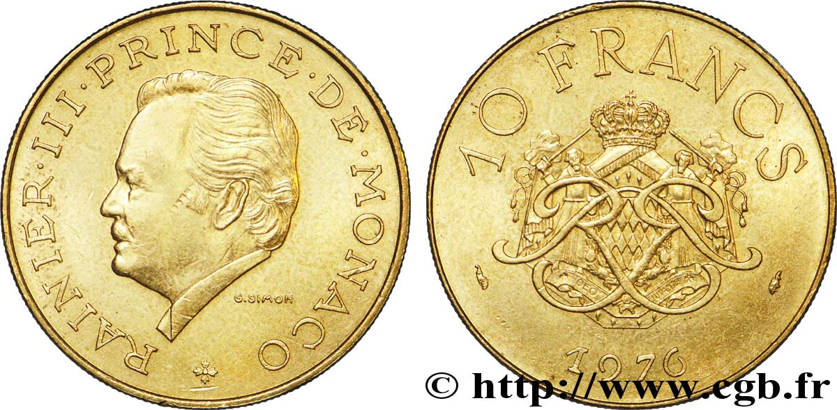 MONACO 10 Francs Rainier III / écu et monogramme couronnés 1976 Paris TTB+ 