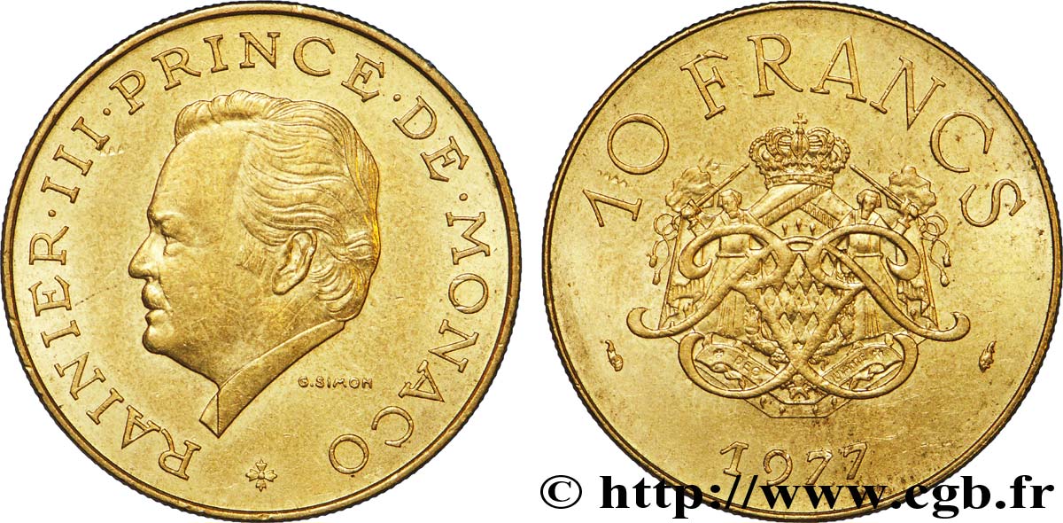 MONACO 10 Francs Rainier III / écu et monogramme couronnés 1977 Paris TTB+ 