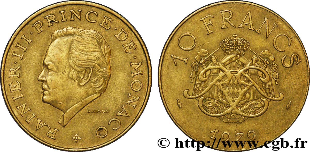 MONACO 10 Francs Rainier III / écu et monogramme couronnés 1979 Paris TTB+ 
