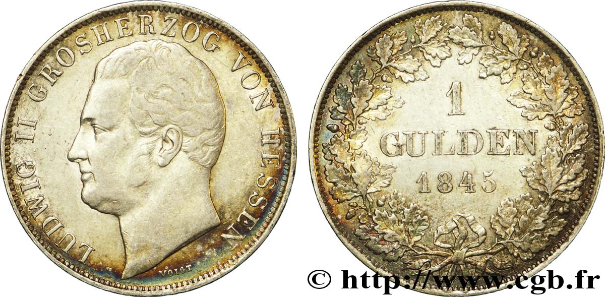 ALLEMAGNE - HESSE 1 Gulden Louis II de Hesse-Darmstadt / écu couronné avec manteau 1845  TTB 