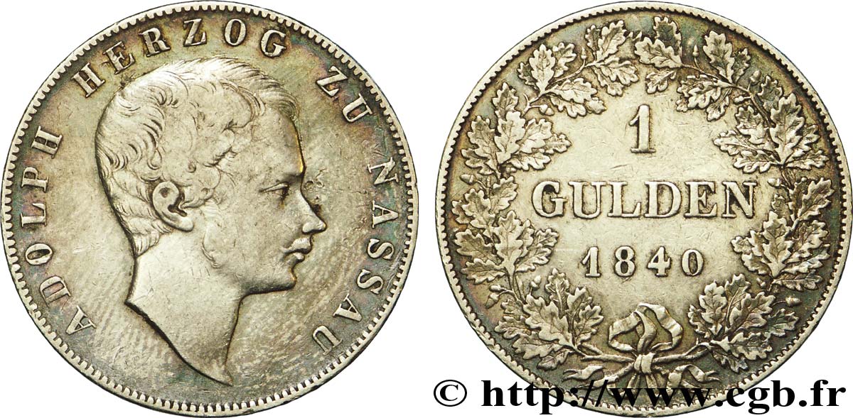 ALLEMAGNE - NASSAU 1 Gulden Adolphe II duc de Nassau 1840  TTB 