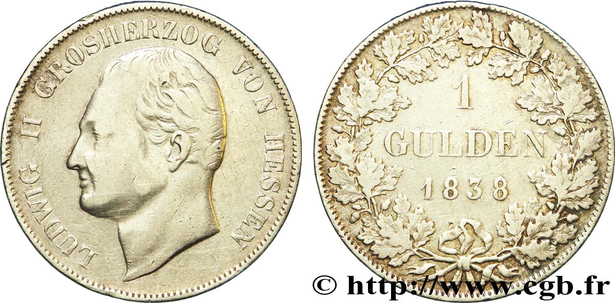 ALLEMAGNE - HESSE 1 Gulden Louis II de Hesse-Darmstadt / écu couronné avec manteau 1838  TB 