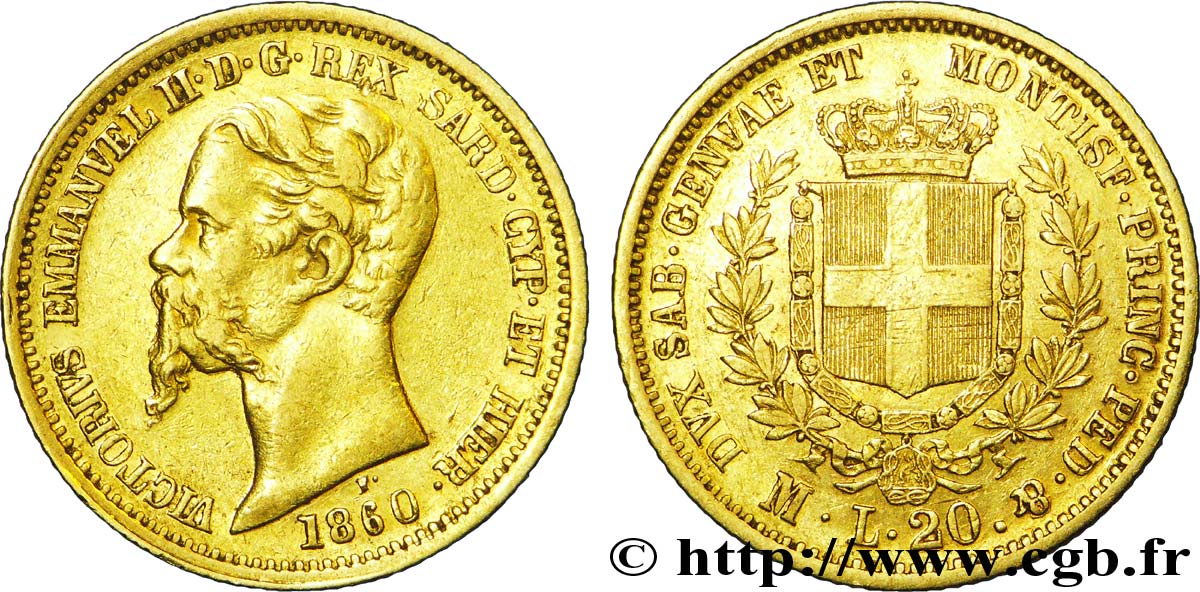 ITALIE - ROYAUME DE SARDAIGNE 20 Lire Victor-Emmanuel II roi de Sardaigne / armes de Savoie couronnées 1860 Milan - M TTB+ 