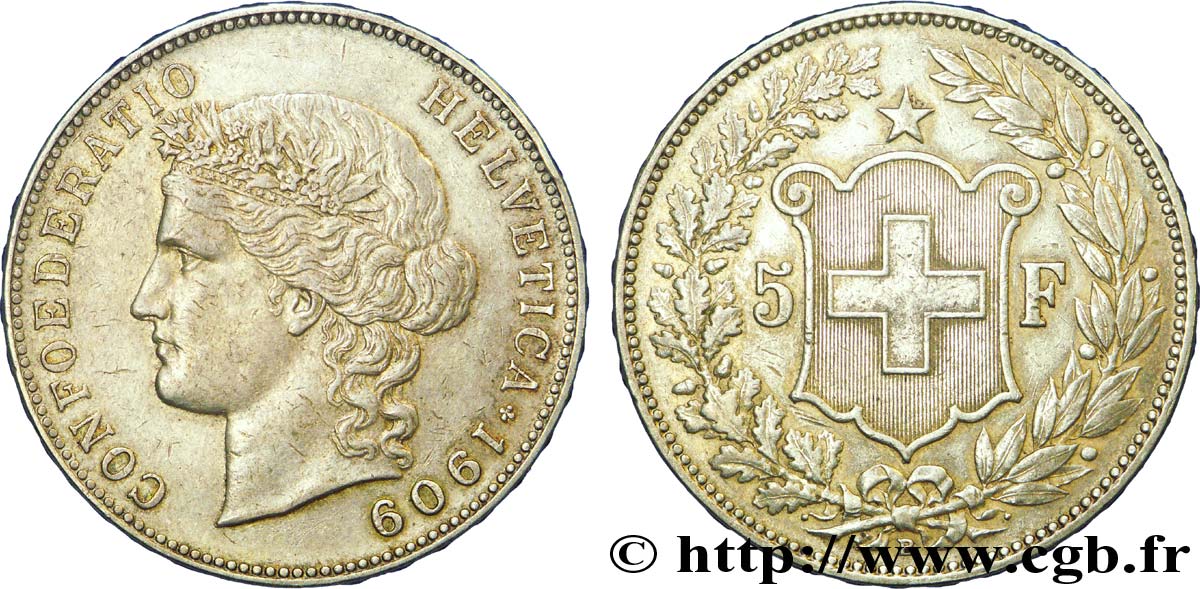 SUISSE 5 Francs Helvetia buste 1909 Berne TTB+ 