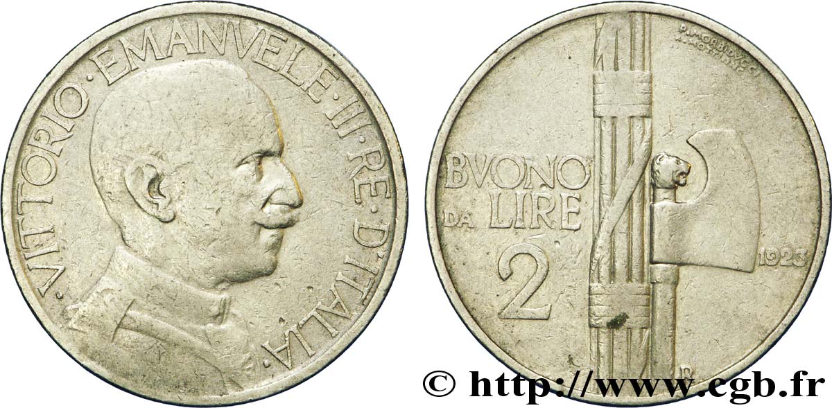 ITALY Bon pour 2 Lire (Buono da Lire 2) Victor Emmanuel III / faisceau de licteur 1923 Rome - R XF 