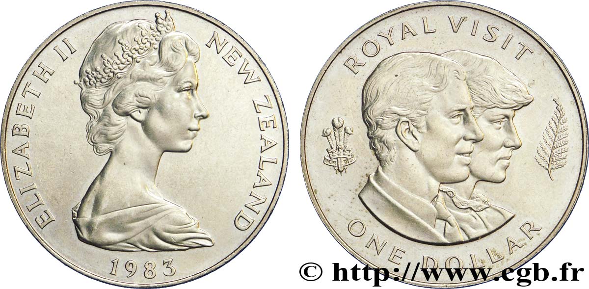 NOUVELLE-ZÉLANDE 1 Dollar Elisabeth II / Visite du prince et de la princesse de Galles 1983 Bristish Royal Mint SUP 