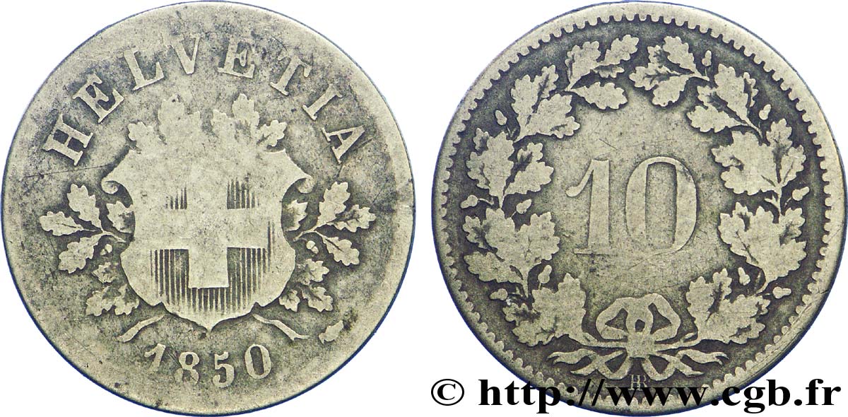 SUISSE 10 Centimes (Rappen) croix suisse 1850 Strasbourg - BB TB 