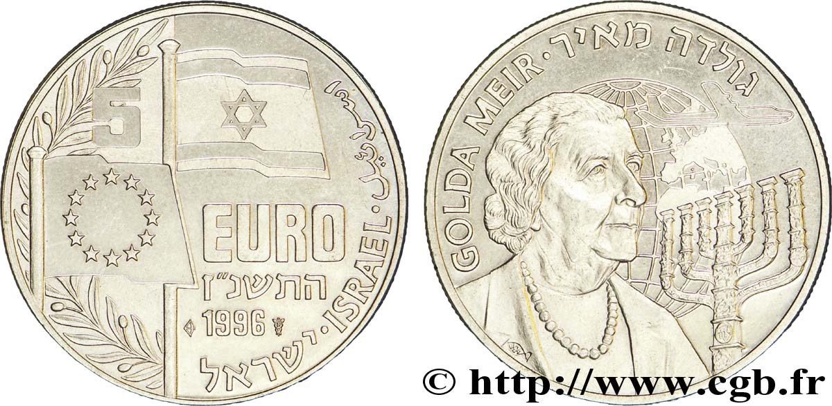 ISRAËL 5 Euro drapeaux israélien et européen / Golda Meir 1996  SUP 