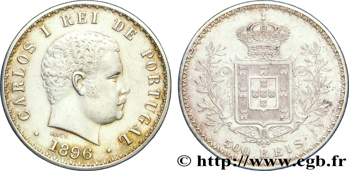 PORTUGAL 500 Réis Charles Ier 1896  TTB+ 