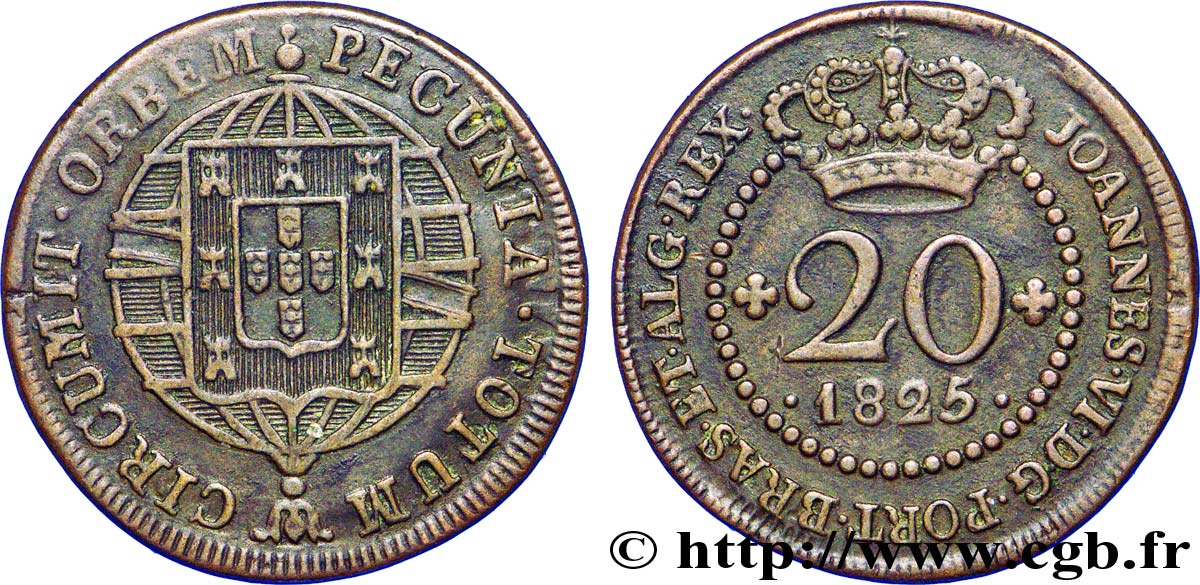 SAINT THOMAS et PRINCE 20 Réis au nom de Jean VI du Portugal 1825 Lisbonne TTB 