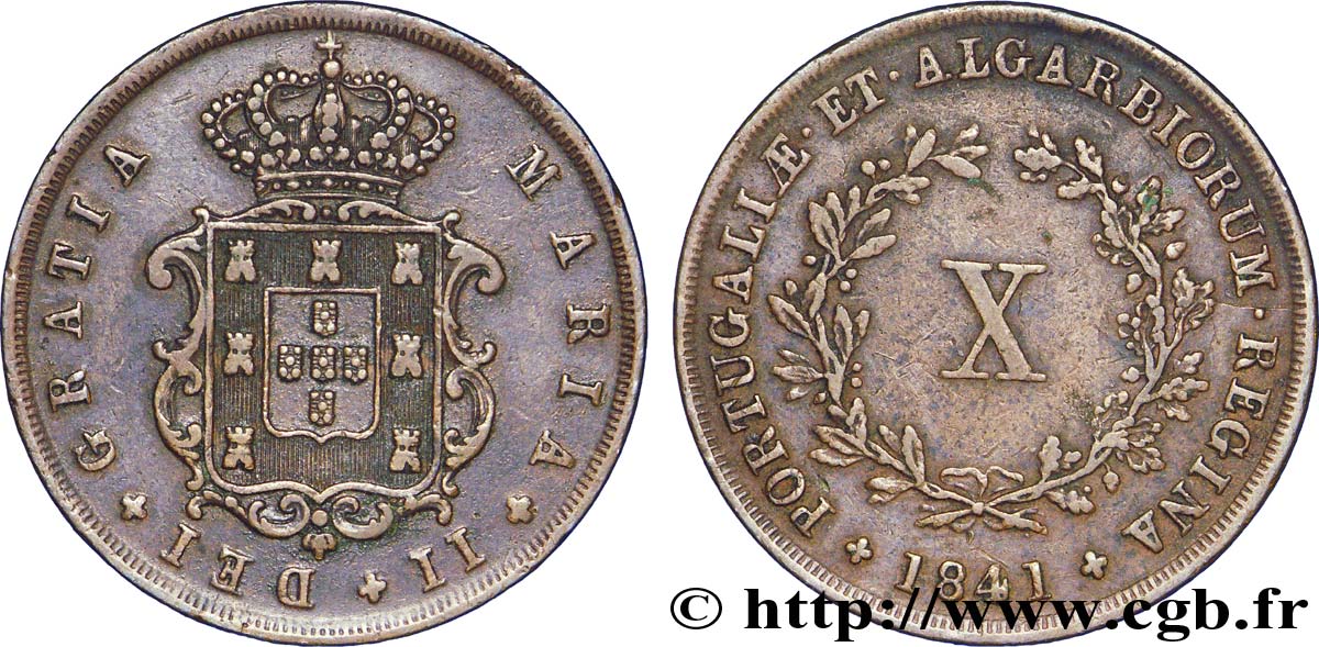 PORTUGAL 10 Réis frappe au nom de Marie II (Maria) 1841  TTB+ 