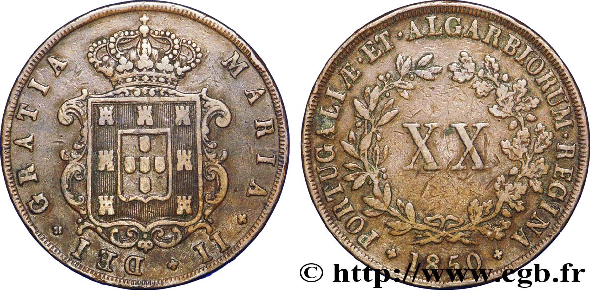 PORTUGAL 20 Réis au nom de Marie II (Maria) 1850  TTB 