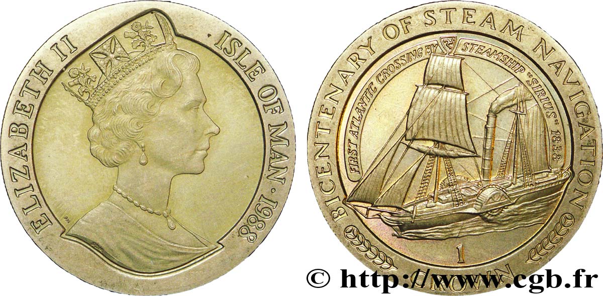 ÎLE DE MAN 1 Crown Bicentenaire de la navigation à vapeur : Elisabeth II / le “Sirius” 1988  SUP 