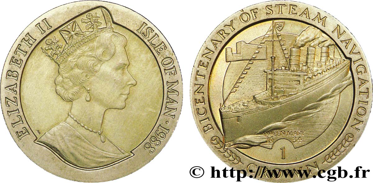 ÎLE DE MAN 1 Crown Bicentenaire de la navigation à vapeur : Elisabeth II / le “Queen Mary” 1988  SUP 