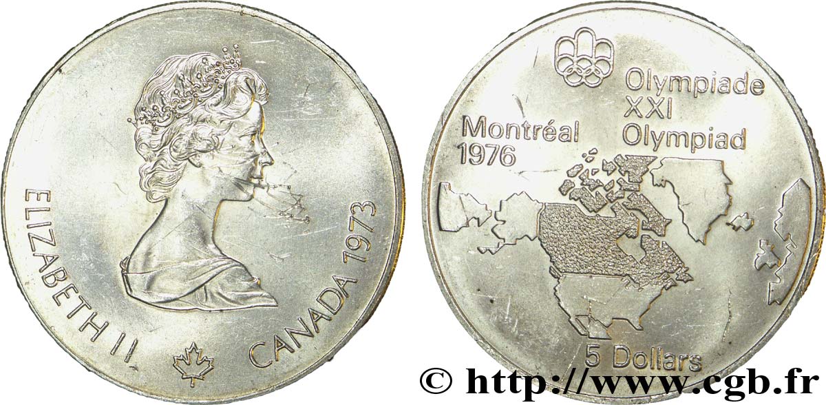CANADA 5 Dollars JO Montréal 1976 carte de l’Amérique du Nord / Elisabeth II 1973  SUP 
