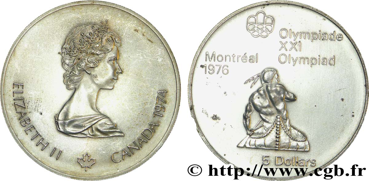 CANADA 5 Dollars JO Montréal 1976 indien sur canoë / Elisabeth II 1974  SUP 