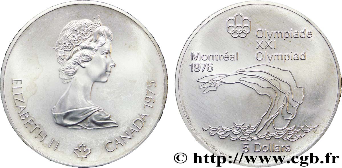 CANADA 5 Dollars JO Montréal 1976 plongeon / Elisabeth II 1975  SPL 