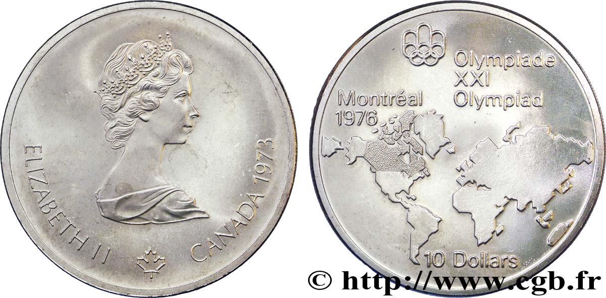 CANADA 10 Dollars JO Montréal 1976 carte du Monde / Elisabeth II 1973  SUP 