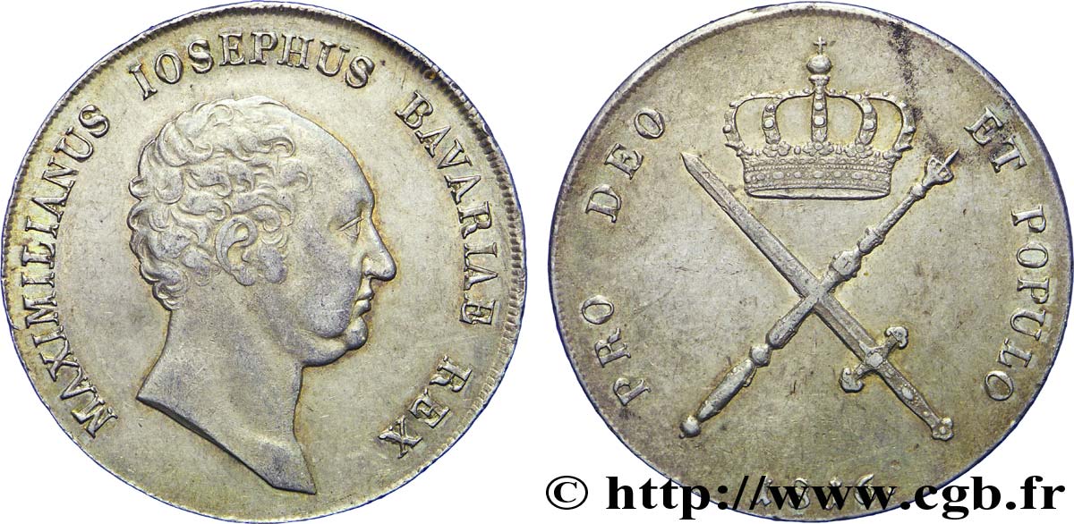 ALLEMAGNE - BAVIÈRE 1 Thaler Maximilien Joseph, roi de Bavière / couronne, scepte et épée 1816 Munich TTB+ 