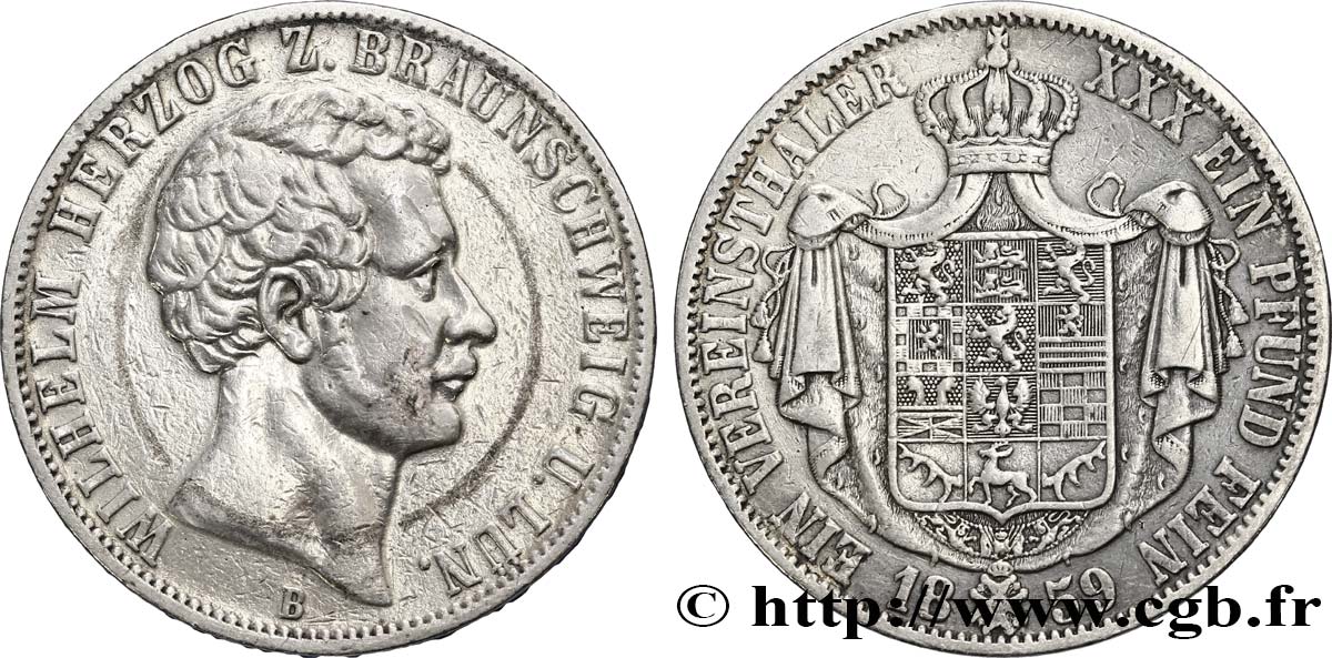 ALLEMAGNE - BRUNSWICK 1 Vereinsthaler Guillaume VIII duc de Brunswick 1859 Braunschweig - B TTB 