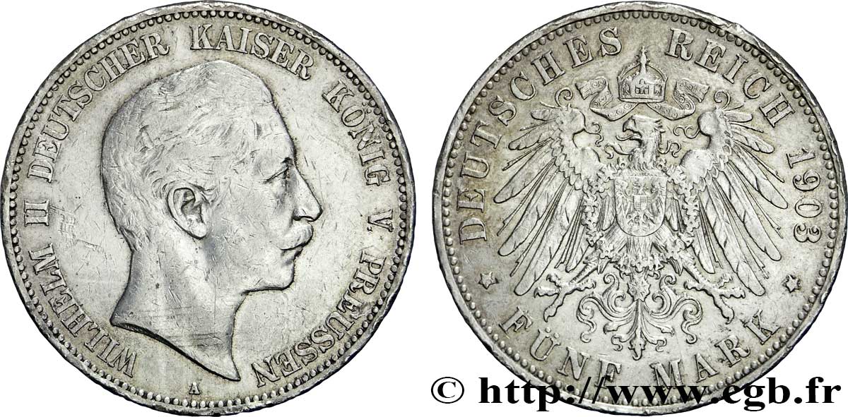 ALLEMAGNE - PRUSSE 5 Mark Guillaume II de Prusse / aigle impérial 1903 Berlin TB/TTB 