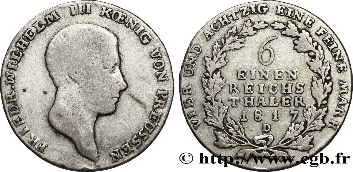 ALLEMAGNE - PRUSSE 1/6 Thaler Frédéric-Guillaume III roi de Prusse 1817 Düsseldorf - D B+ 