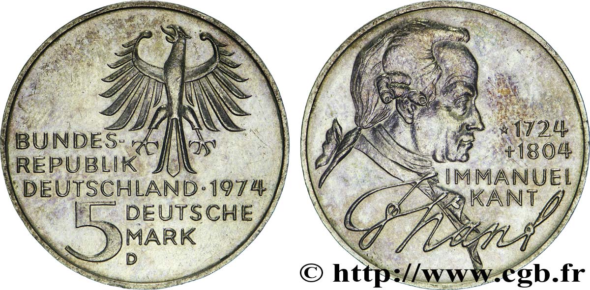 ALLEMAGNE 5 Mark aigle héraldique / Emmanuel Kant 1724-1804 1974 Munich - D SUP 
