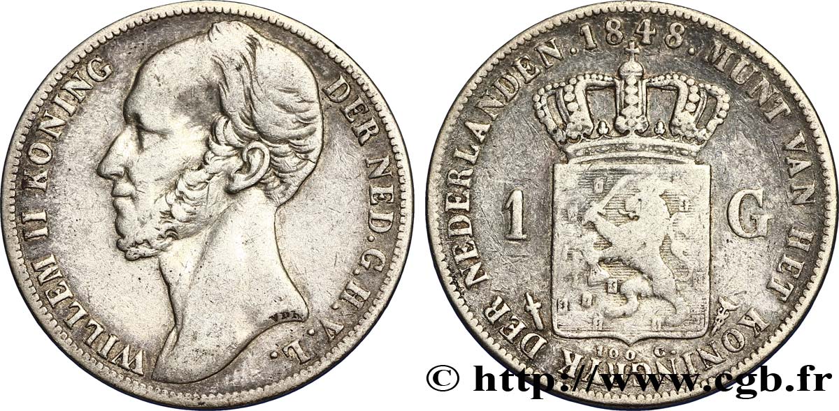 PAYS-BAS 1 Gulden Guillaume II / écu couronné 1848 Utrecht TTB 