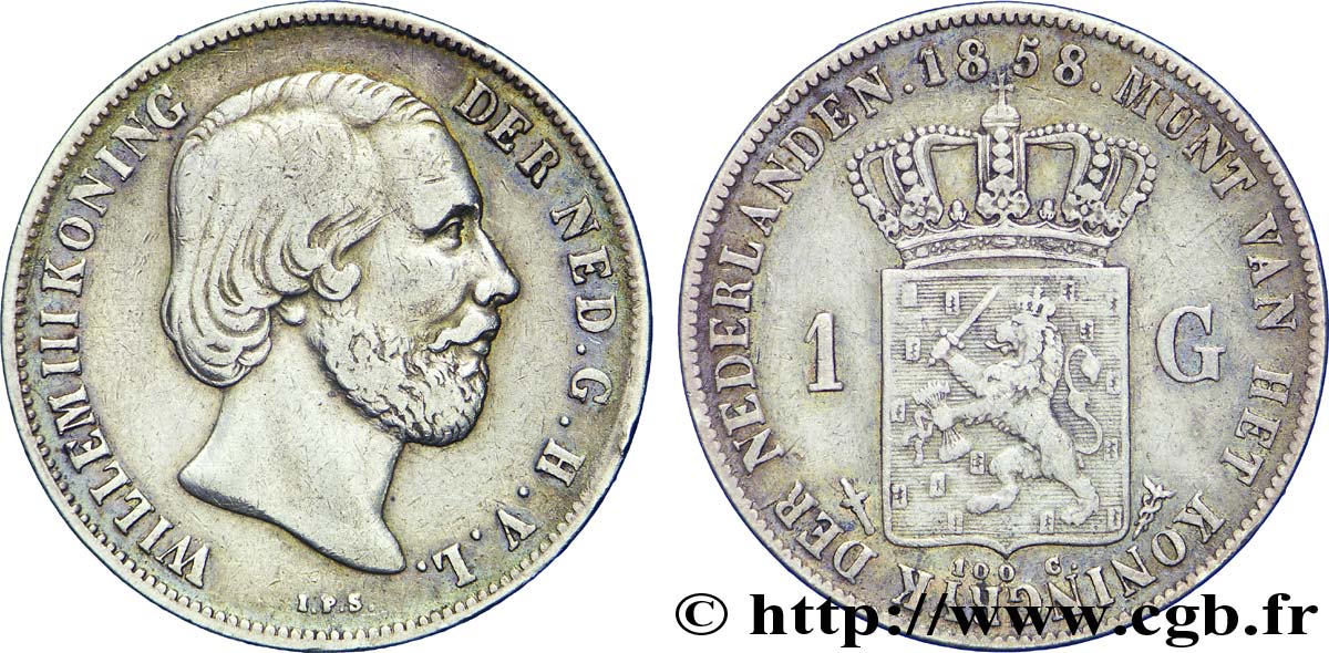 PAYS-BAS 1 Gulden Guillaume III / écu couronné 1858 Utrecht TTB+ 